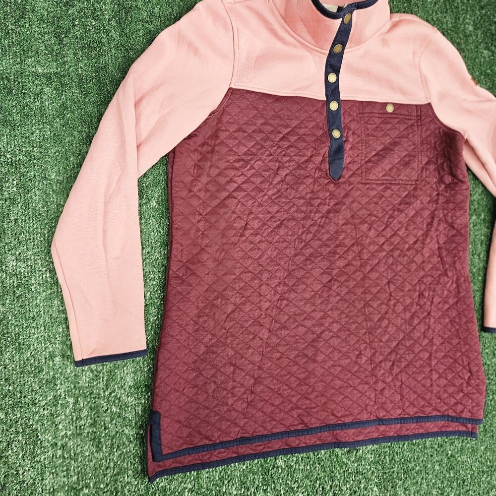 L.L. Bean Womens Quilted Sweatshirt Mock Neck Tunic Colorblock Maroon Pink Large - Picture 2 of 10
